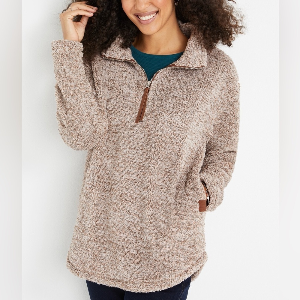 Maurices Lodge Brown Quarter Zip Sherpa Sweatshirt Oversized Cozy Small Women’s